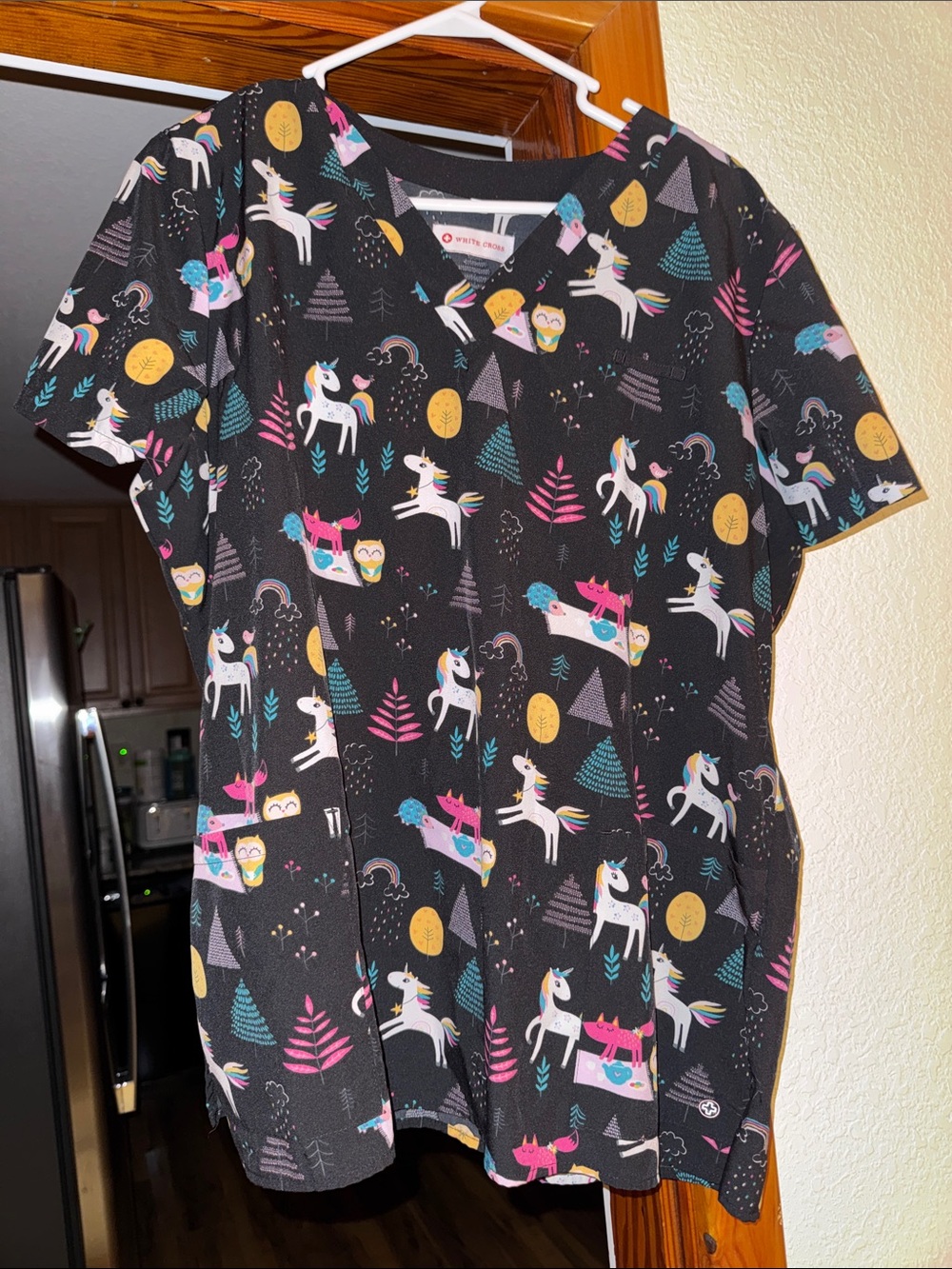 White Cross Black Unicorn Print Scrub Top